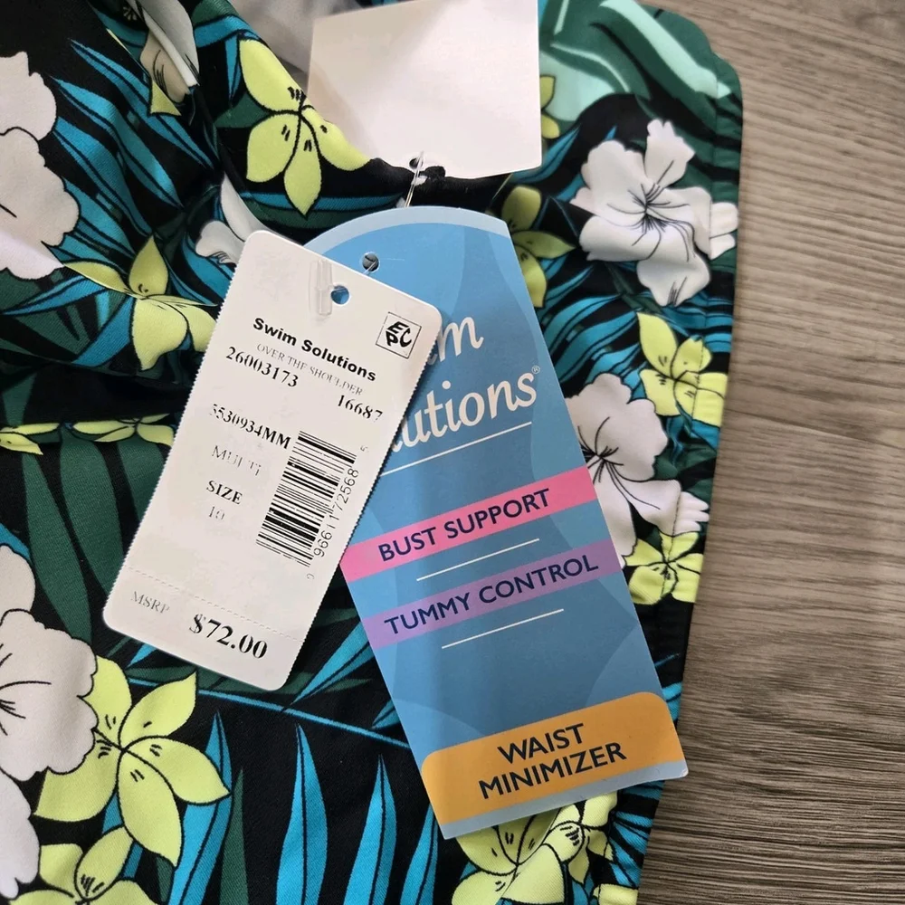 Swim Solutions One Shoulder Floral One Piece Swimsuit Tummy Control Size 10 NWT - Picture 5 of 9